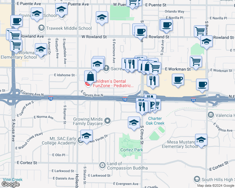 map of restaurants, bars, coffee shops, grocery stores, and more near 2 North Mockingbird Lane in West Covina