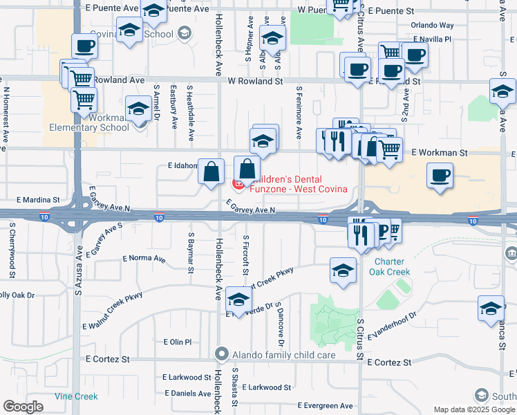 map of restaurants, bars, coffee shops, grocery stores, and more near 2249 East Garvey Avenue North in West Covina