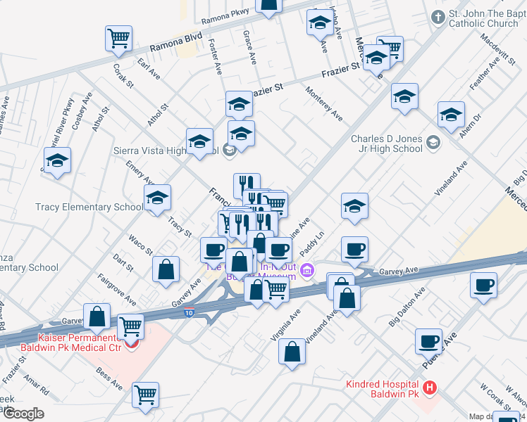 map of restaurants, bars, coffee shops, grocery stores, and more near 3229 Baldwin Park Boulevard in Baldwin Park