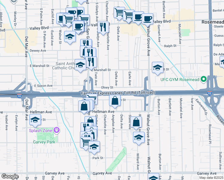 map of restaurants, bars, coffee shops, grocery stores, and more near 878 Olney Street in San Gabriel