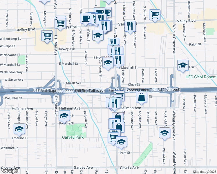 map of restaurants, bars, coffee shops, grocery stores, and more near 2012 California Street in San Gabriel