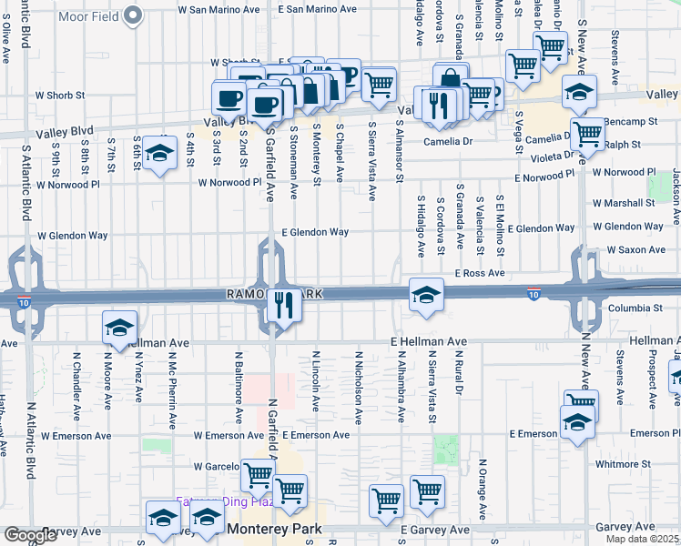 map of restaurants, bars, coffee shops, grocery stores, and more near 1842 South Chapel Avenue in Alhambra