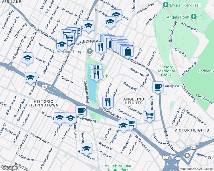 map of restaurants, bars, coffee shops, grocery stores, and more near 1048 West Kensington Road in Los Angeles