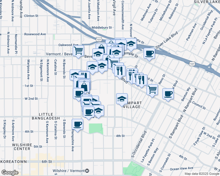 map of restaurants, bars, coffee shops, grocery stores, and more near 133 South Virgil Avenue in Los Angeles