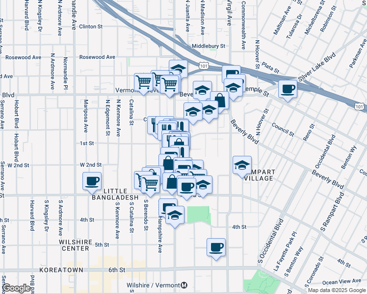 map of restaurants, bars, coffee shops, grocery stores, and more near 108 North Vermont Avenue in Los Angeles