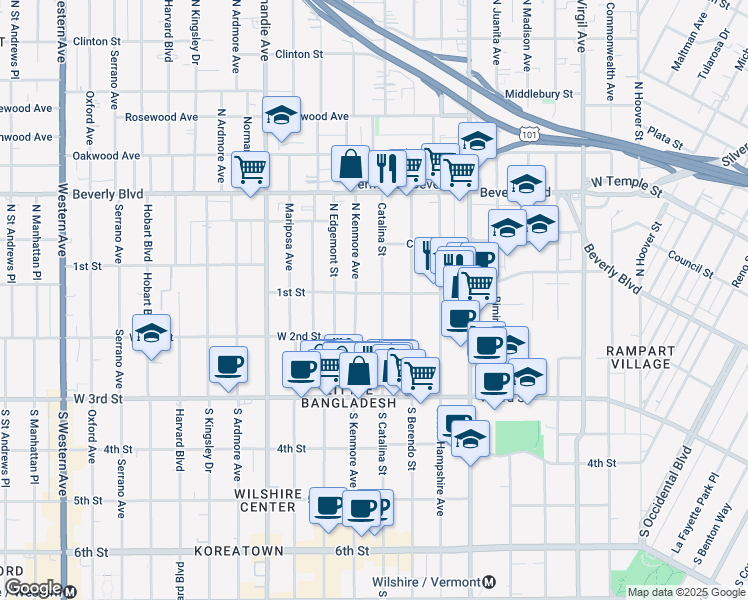 map of restaurants, bars, coffee shops, grocery stores, and more near 103 South Catalina Street in Los Angeles