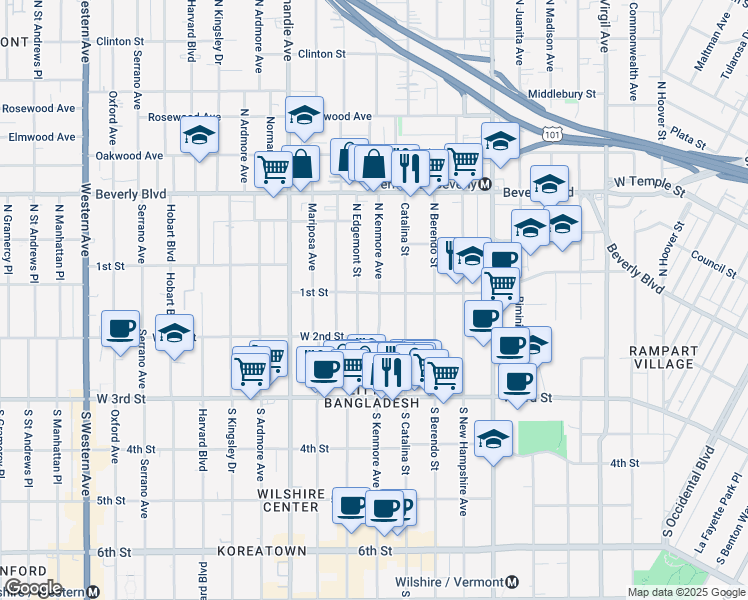 map of restaurants, bars, coffee shops, grocery stores, and more near 100 South Edgemont Street in Los Angeles
