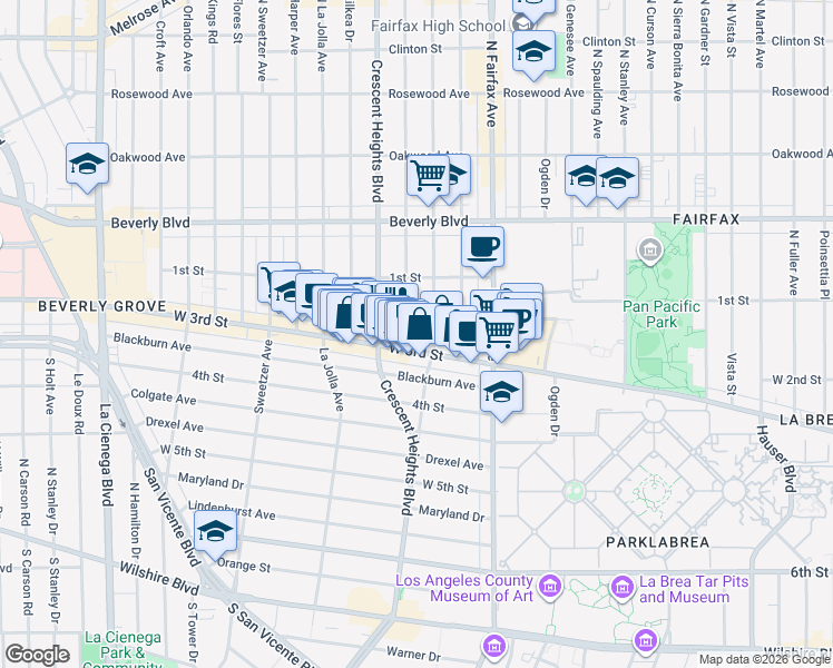 map of restaurants, bars, coffee shops, grocery stores, and more near 161s Laurel Avenue in Los Angeles