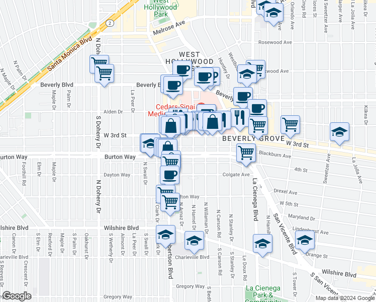 map of restaurants, bars, coffee shops, grocery stores, and more near 8665 Burton Way in Los Angeles