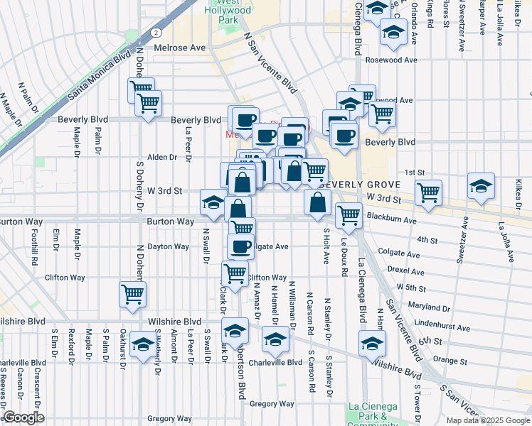 map of restaurants, bars, coffee shops, grocery stores, and more near 8665 Burton Way in Los Angeles