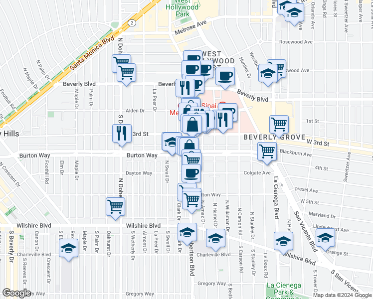 map of restaurants, bars, coffee shops, grocery stores, and more near in Beverly Hills