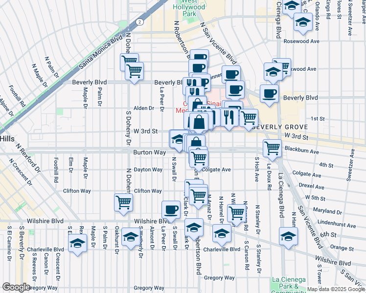 map of restaurants, bars, coffee shops, grocery stores, and more near in Beverly Hills