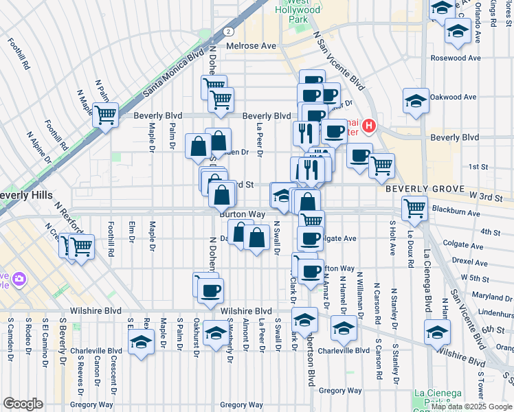 map of restaurants, bars, coffee shops, grocery stores, and more near 330 South Almont Drive in Los Angeles