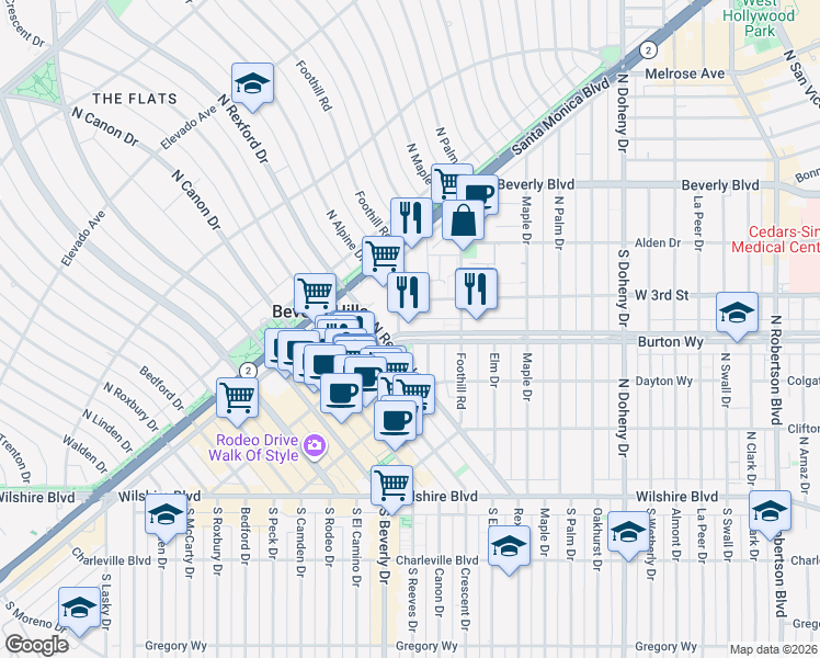 map of restaurants, bars, coffee shops, grocery stores, and more near 9311 Burton Way in Beverly Hills