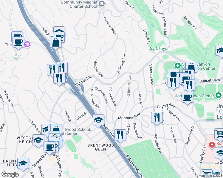 map of restaurants, bars, coffee shops, grocery stores, and more near 114 South Glenroy Avenue in Los Angeles
