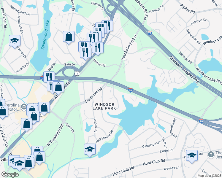 map of restaurants, bars, coffee shops, grocery stores, and more near 318 Windsor Point Road in Columbia