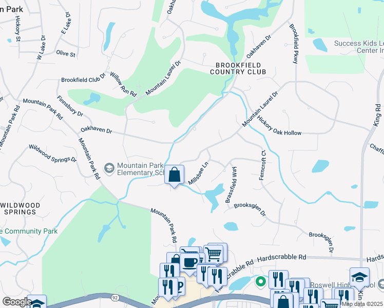 map of restaurants, bars, coffee shops, grocery stores, and more near 11815 Mountain Laurel Drive in Roswell