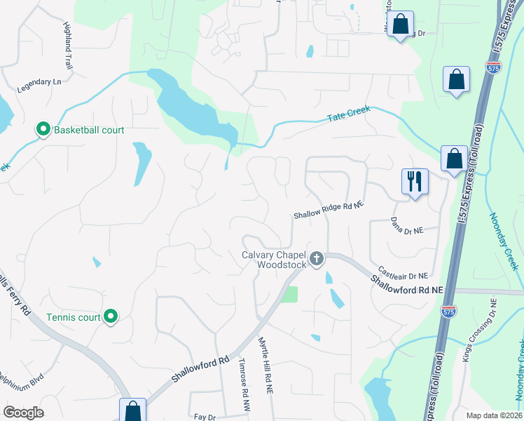 map of restaurants, bars, coffee shops, grocery stores, and more near 4905 Shallow Creek Trail Northeast in Kennesaw