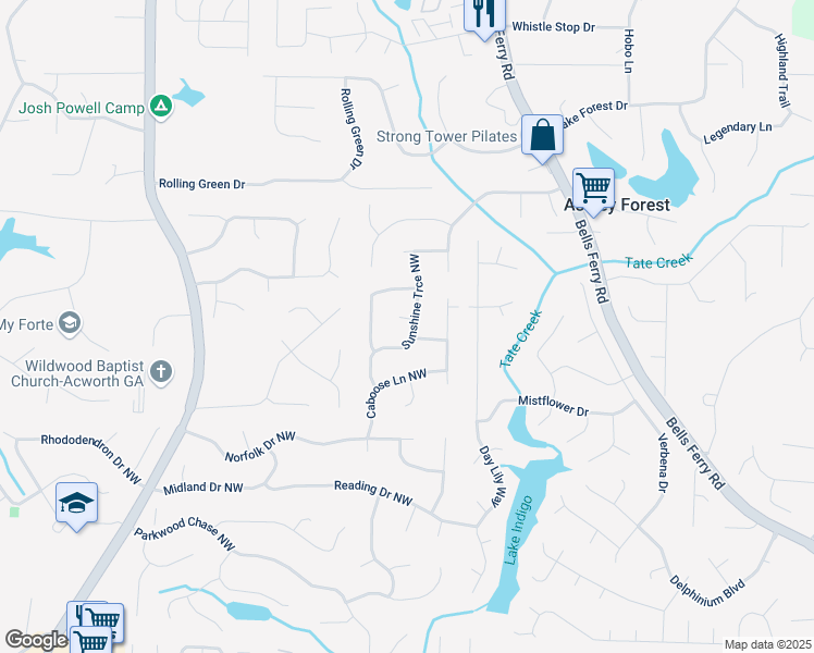 map of restaurants, bars, coffee shops, grocery stores, and more near 647 Sunshine Trce Northwest in Acworth