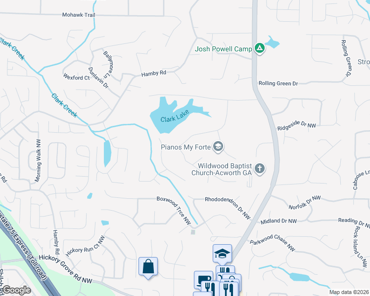 map of restaurants, bars, coffee shops, grocery stores, and more near 1471 Ridgeway Drive Northwest in Acworth