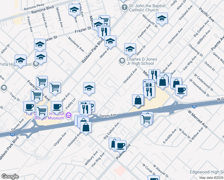 map of restaurants, bars, coffee shops, grocery stores, and more near 14071 Rexwood Avenue in Baldwin Park