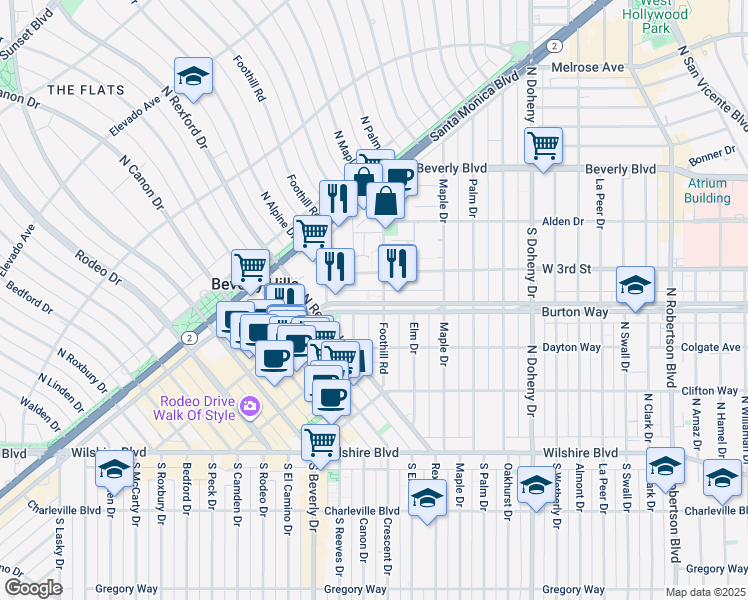 map of restaurants, bars, coffee shops, grocery stores, and more near 9307a Burton Way in Beverly Hills