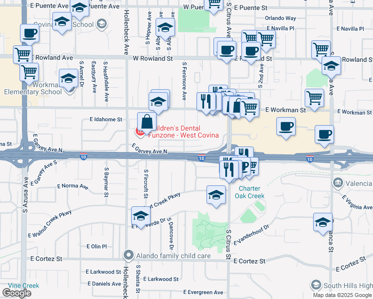 map of restaurants, bars, coffee shops, grocery stores, and more near 2 North Mockingbird Lane in West Covina
