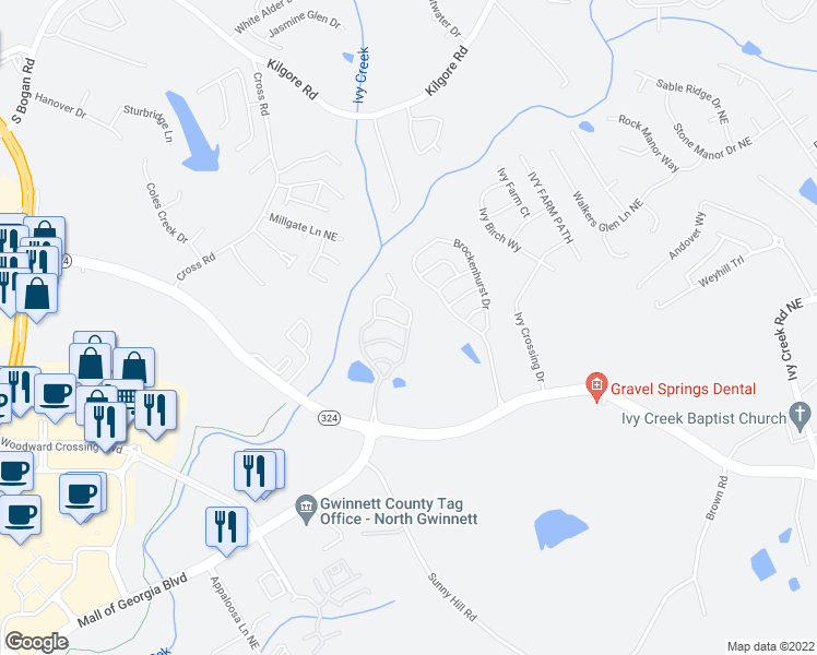 map of restaurants, bars, coffee shops, grocery stores, and more near 3162 Cedar Glade Lane Northeast in Buford