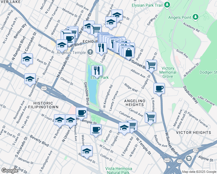 map of restaurants, bars, coffee shops, grocery stores, and more near 1048 West Kensington Road in Los Angeles
