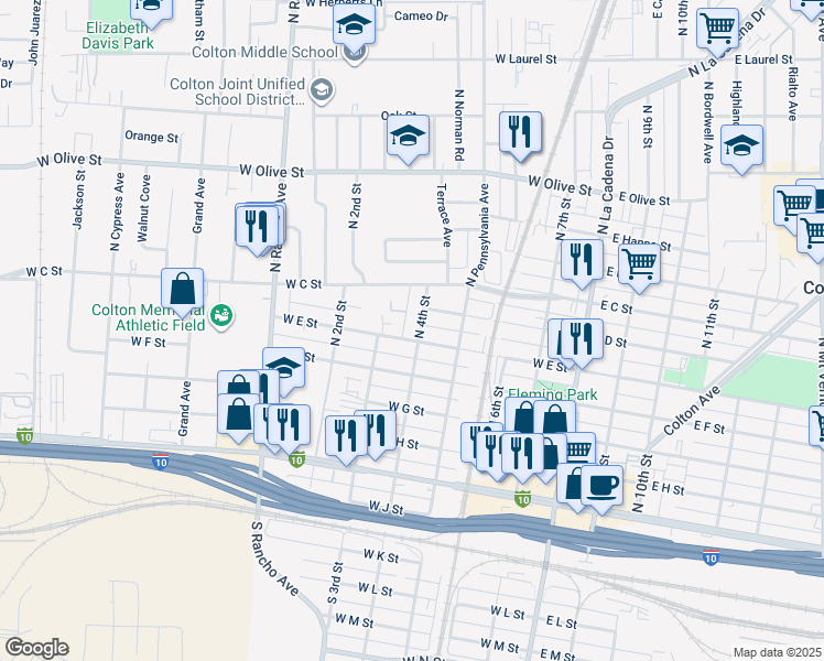 map of restaurants, bars, coffee shops, grocery stores, and more near 621 North 4th Street in Colton