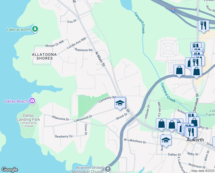 map of restaurants, bars, coffee shops, grocery stores, and more near 4850 Griggs Street in Acworth