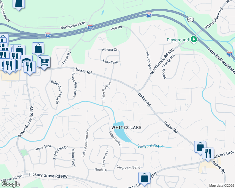 map of restaurants, bars, coffee shops, grocery stores, and more near 2941 Lighthouse Lane in Acworth