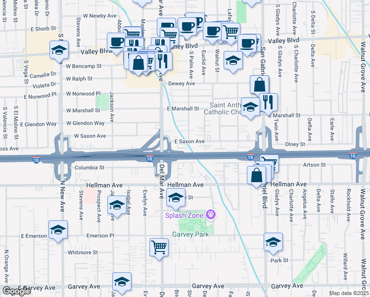 map of restaurants, bars, coffee shops, grocery stores, and more near 2024 Brighton Street in San Gabriel