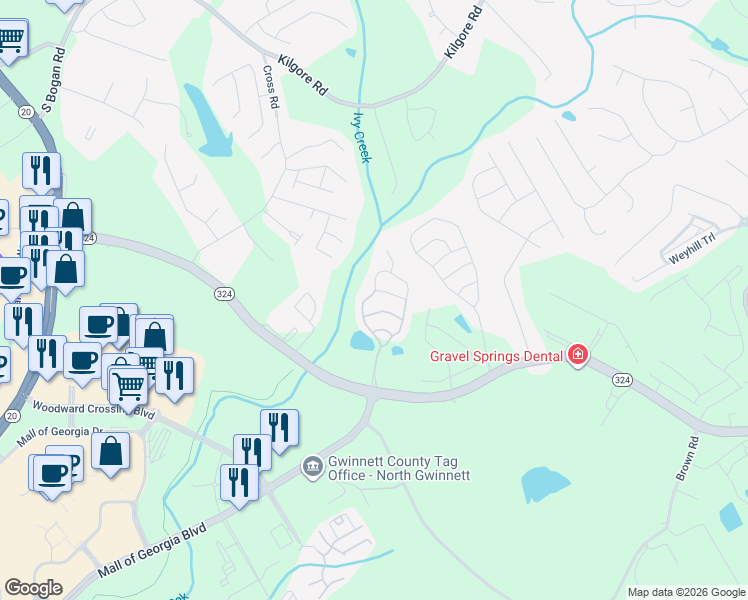 map of restaurants, bars, coffee shops, grocery stores, and more near 2115 Waterleaf Drive in Buford