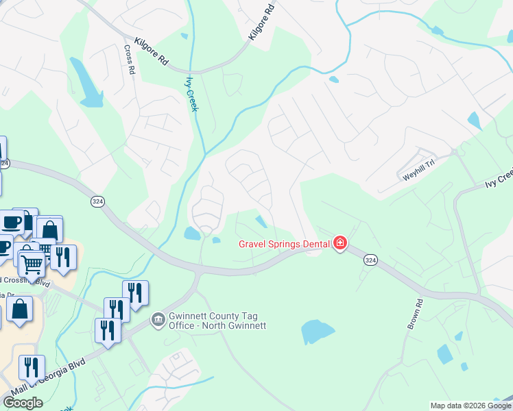 map of restaurants, bars, coffee shops, grocery stores, and more near 3202 Brockenhurst Drive in Buford