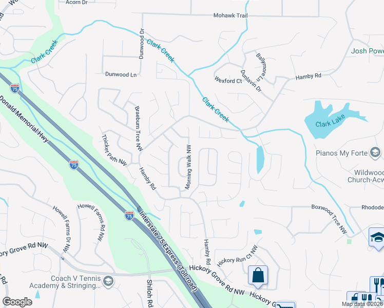 map of restaurants, bars, coffee shops, grocery stores, and more near 1970 Morning Walk Northwest in Acworth