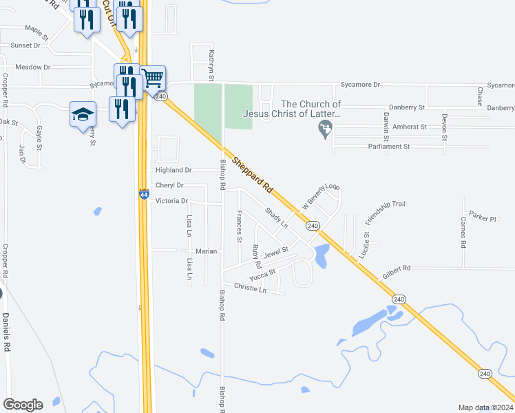 map of restaurants, bars, coffee shops, grocery stores, and more near 1108 Shady Lane in Burkburnett