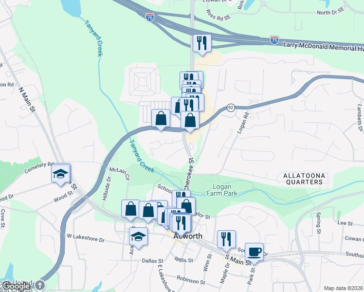 map of restaurants, bars, coffee shops, grocery stores, and more near 5129 Jenny Drive in Acworth