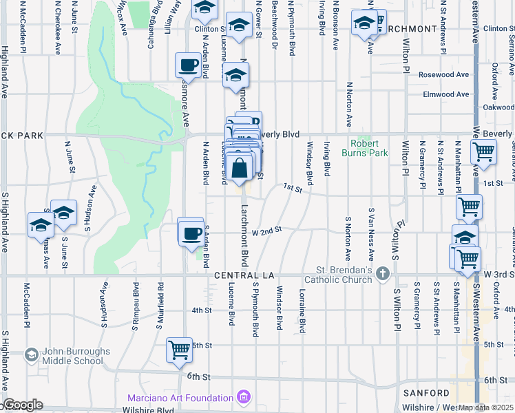 map of restaurants, bars, coffee shops, grocery stores, and more near 145 S Beachwood Dr in Los Angeles