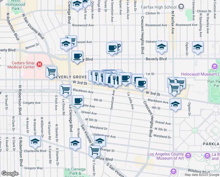 map of restaurants, bars, coffee shops, grocery stores, and more near 8330 West 3rd Street in Los Angeles