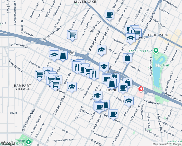 map of restaurants, bars, coffee shops, grocery stores, and more near 409 3/4 Coronado Terrace in Los Angeles