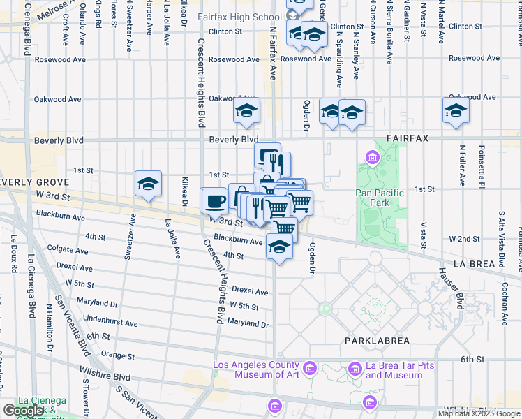 map of restaurants, bars, coffee shops, grocery stores, and more near 156 South Hayworth Avenue in Los Angeles