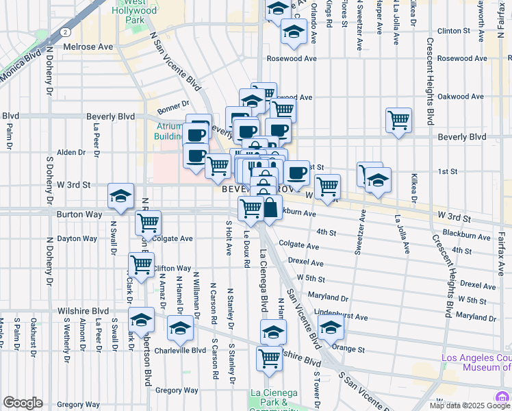 map of restaurants, bars, coffee shops, grocery stores, and more near 333s La Cienega Boulevard in Los Angeles