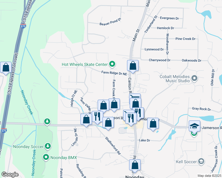 map of restaurants, bars, coffee shops, grocery stores, and more near 795 Farm Creek Road Northeast in Woodstock