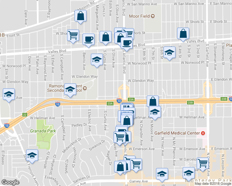 map of restaurants, bars, coffee shops, grocery stores, and more near 1836 South Olive Avenue in Alhambra