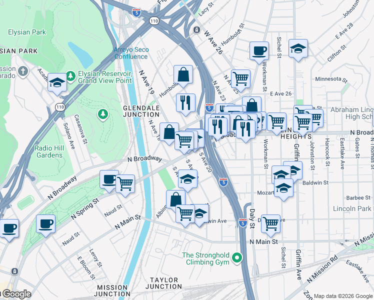 map of restaurants, bars, coffee shops, grocery stores, and more near 1909 North Broadway in Los Angeles