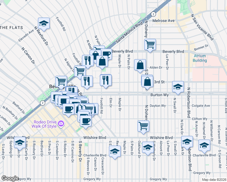 map of restaurants, bars, coffee shops, grocery stores, and more near 9249 Burton Way in Beverly Hills