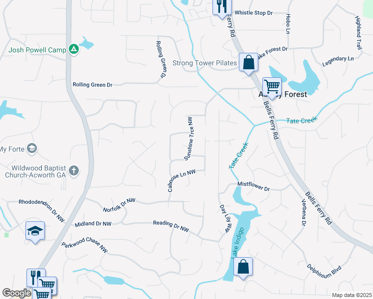 map of restaurants, bars, coffee shops, grocery stores, and more near 647 Sunshine Trce Northwest in Acworth