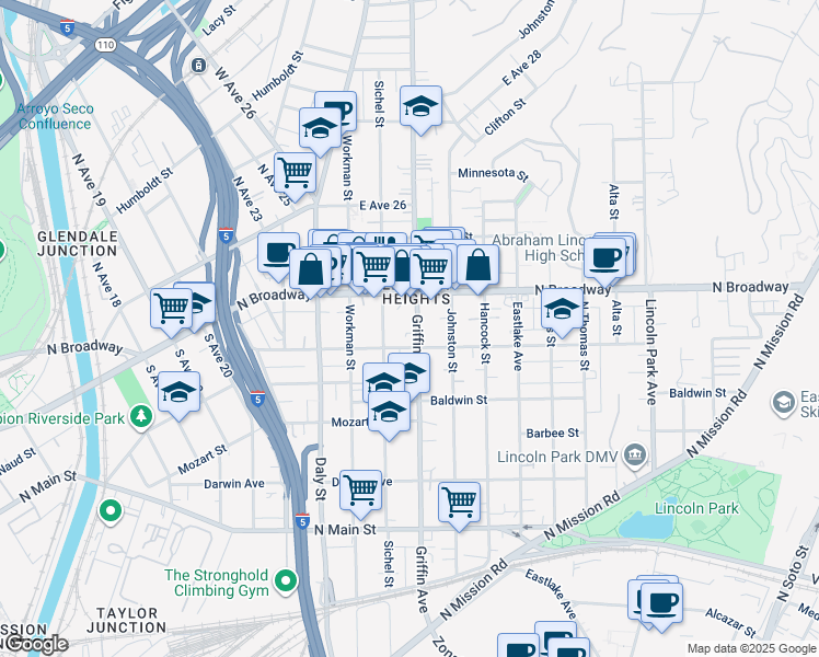 map of restaurants, bars, coffee shops, grocery stores, and more near 2319 Griffin Avenue in Los Angeles