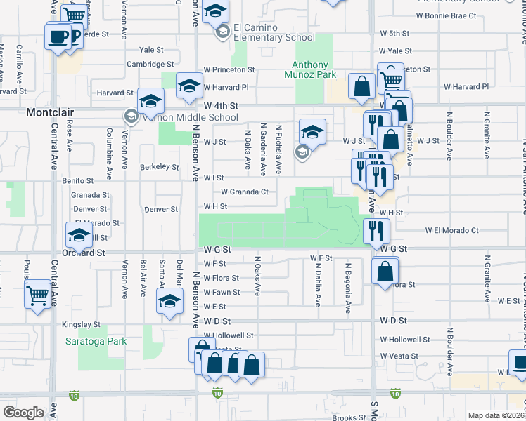 map of restaurants, bars, coffee shops, grocery stores, and more near 1349 West H Street in Ontario